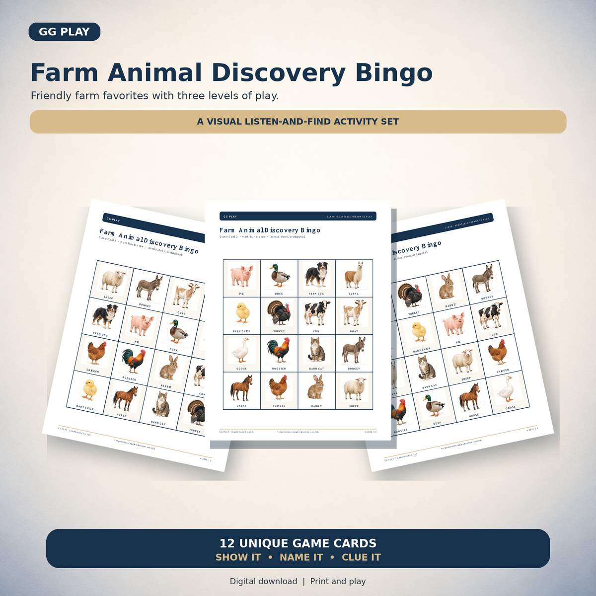 Discovery Bingo playing cards showing farm animals