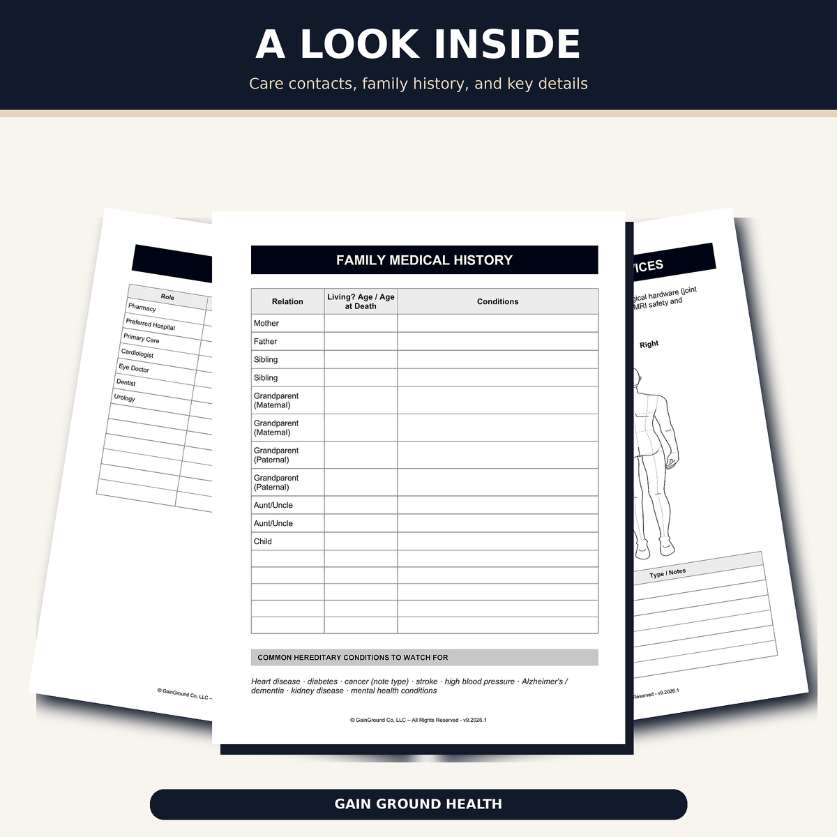 Replacement General and Medical section pages for the Health, Handled medical organizer.