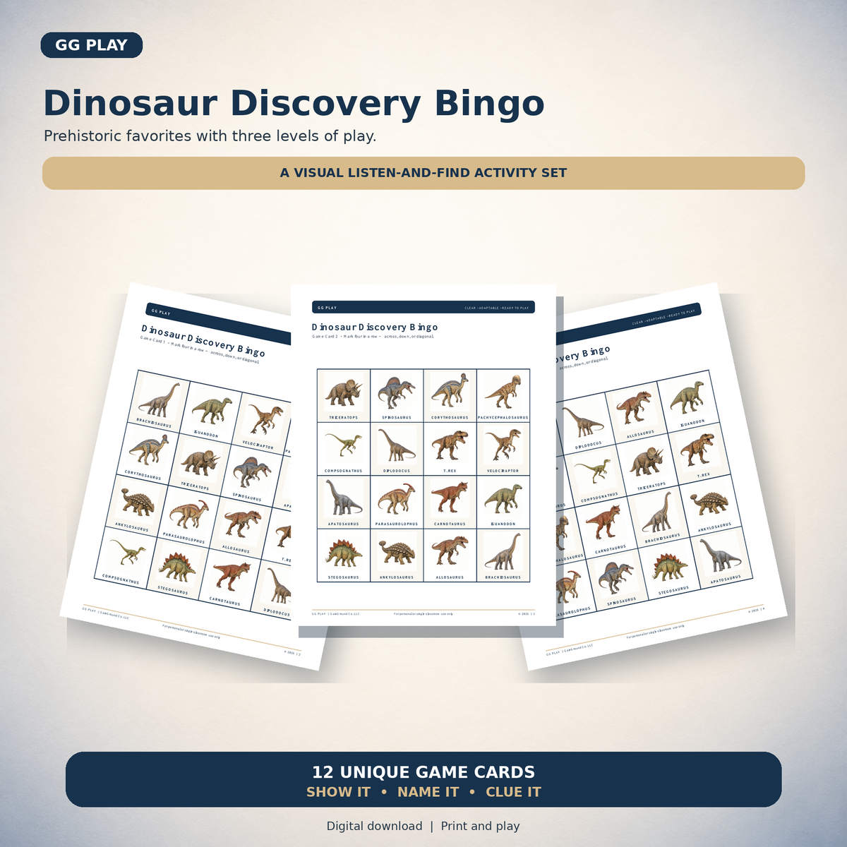 Discovery Bingo  playing cards showing dinosaur game.