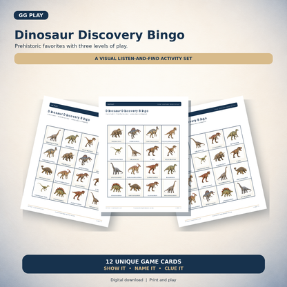 Discovery Bingo  playing cards showing dinosaur game.