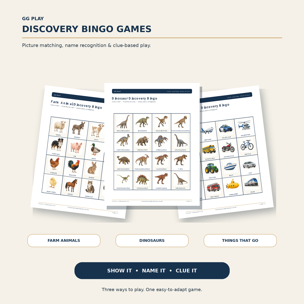 Discovery Bingo playing cards showing farm animal, dinosaur, and things that go game options.