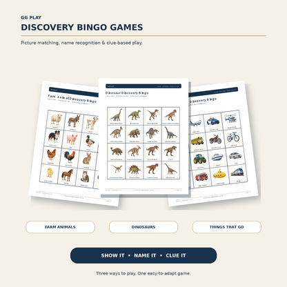 Discovery Bingo playing cards showing farm animal, dinosaur, and things that go game options.