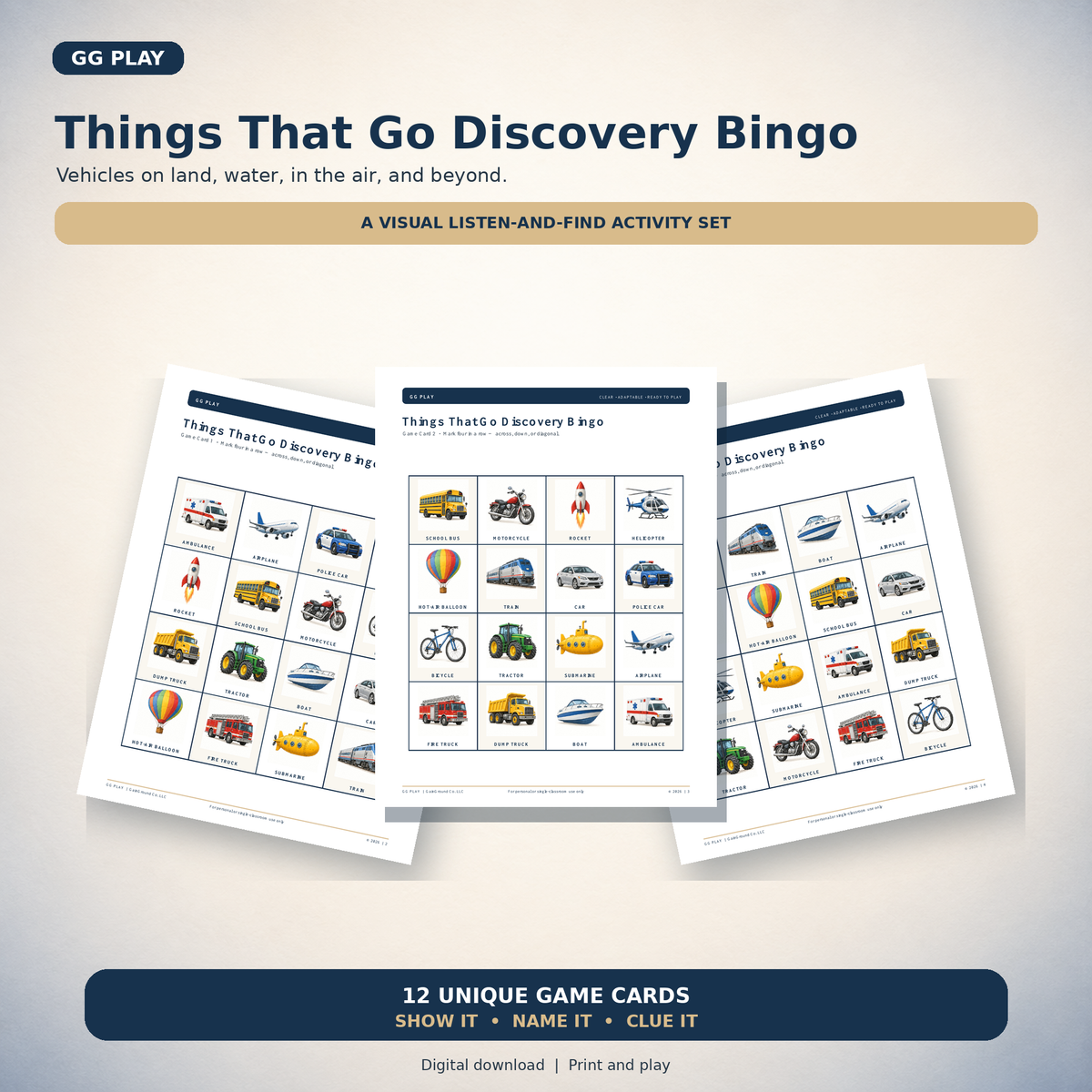 Discovery Bingo  playing cards showing things that go game.