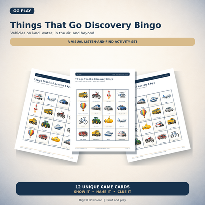 Discovery Bingo  playing cards showing things that go game.
