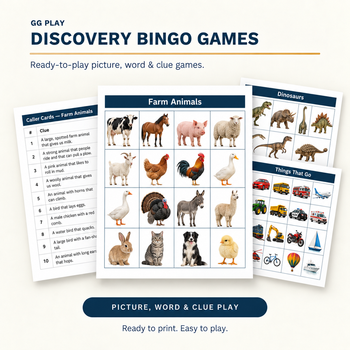 Discovery Bingo calling cards and playing cards showing farm animal, dinosaur, and vehicle game options.