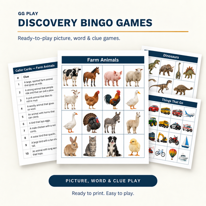 Discovery Bingo calling cards and playing cards showing farm animal, dinosaur, and vehicle game options.