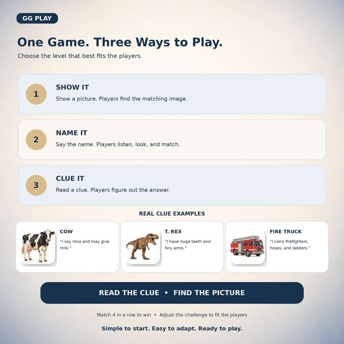 Discovery Bingo game instruction card showing farm animal, dinosaur, and vehicle game options.