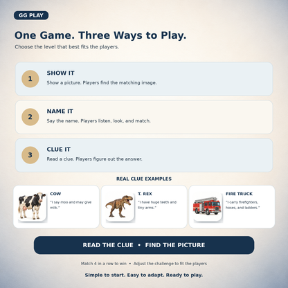 Discovery Bingo game instruction card showing farm animal, dinosaur, and vehicle game options.