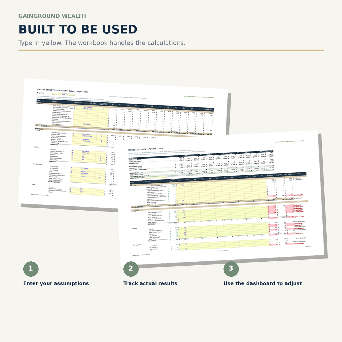 GainGround Wealth Excel workbook showing the Actual and Budgeting tabs for comparing recorded spending with a planned budget.
