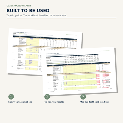 GainGround Wealth Excel workbook showing the Actual and Budgeting tabs for comparing recorded spending with a planned budget.
