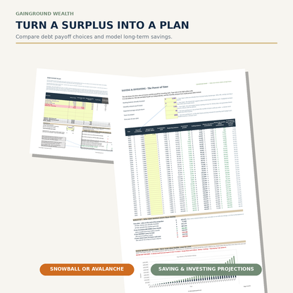 GainGround Wealth Excel workbook showing the Debt Payoff and Savings tabs.