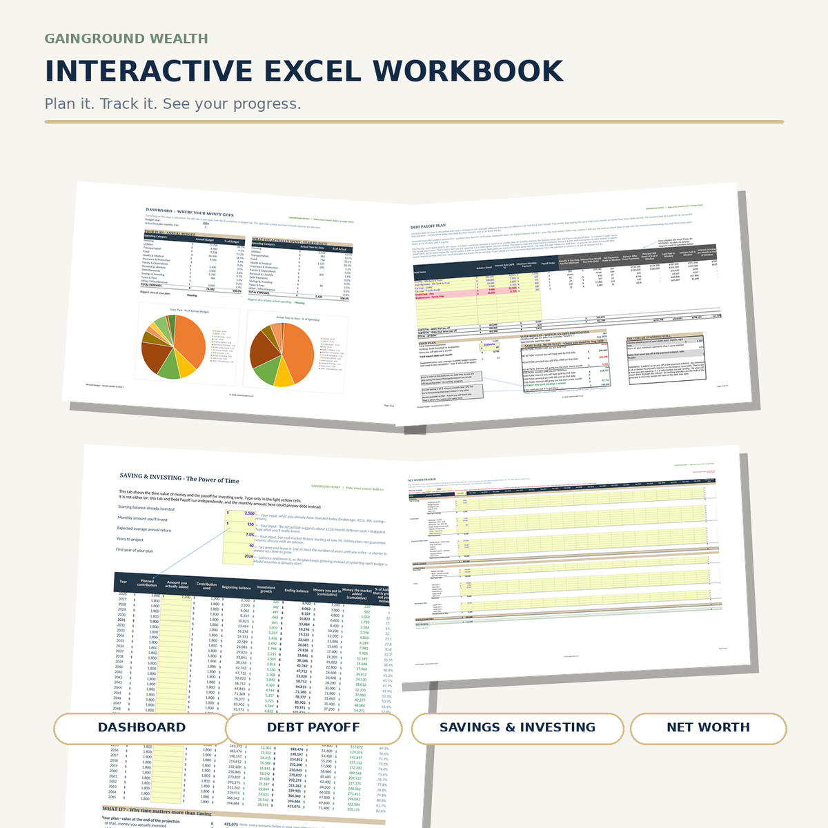 Four sample worksheets from the GainGround Wealth Personal Budget & Wealth Builder Excel workbook.