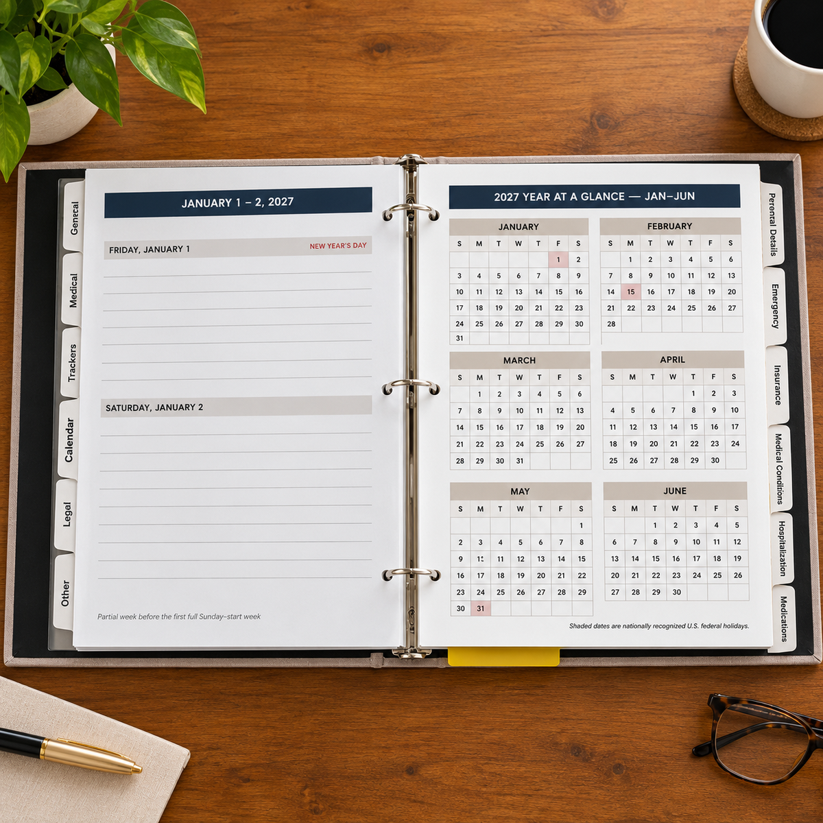 Health, Handled medical organizer open to lined daily planning pages and a January–June 2027 calendar overview.