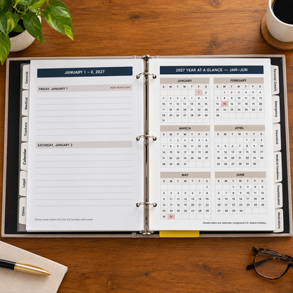 Health, Handled medical organizer open to lined daily planning pages and a January–June 2027 calendar overview.