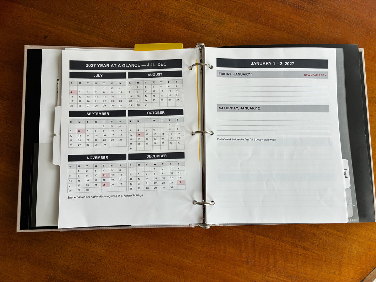 Health, Handled medical organizer open to lined daily planning pages and a January–June 2027 calendar overview.
Digital Download.
