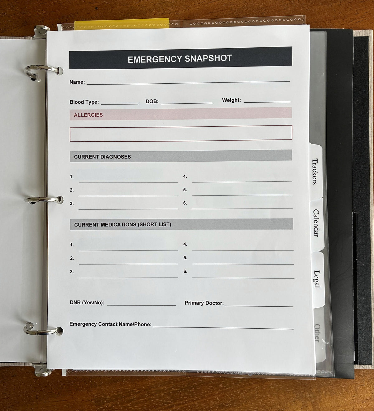 Health, Handled medical organizer open to the Emergency Snapshot sheet, with fields for allergies, diagnoses, medications, and emergency contacts.