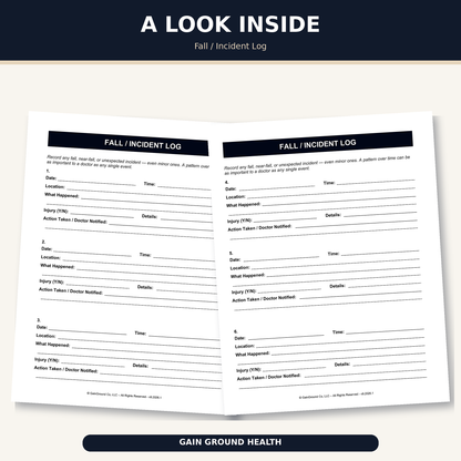 Health, Handled fall and incident log with fields for the date, location, what happened, injuries, and actions taken.  Physical print and ship refill.