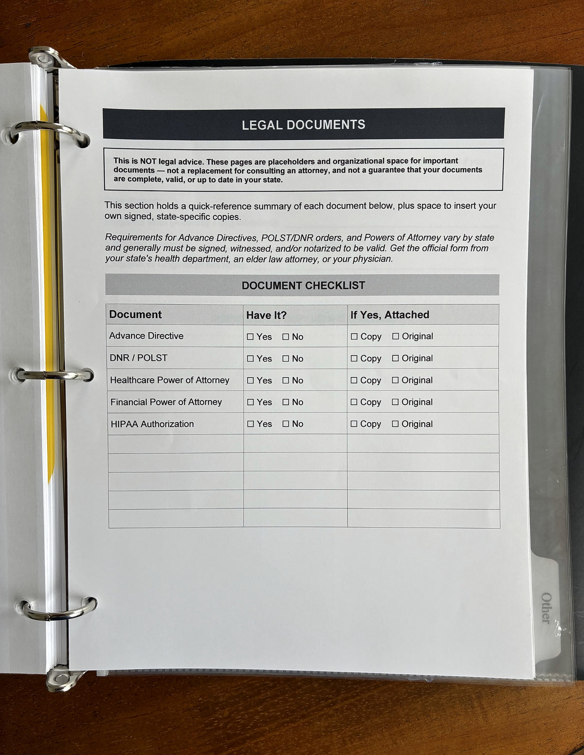 Health, Handled medical organizer open to a legal document checklist for advance directives, DNR orders, powers of attorney, and HIPAA authorization.

Optional name:
health-handled-legal-document-checklist

Save this one. That appears to be the last photo in this product’s gallery.