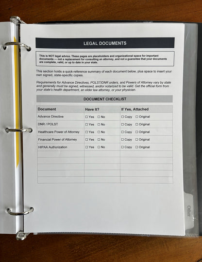 Health, Handled medical organizer open to a legal document checklist for advance directives, DNR orders, powers of attorney, and HIPAA authorization.

Optional name:
health-handled-legal-document-checklist

Save this one. That appears to be the last photo in this product’s gallery.