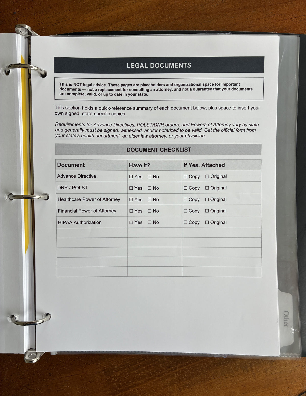 Health, Handled medical organizer open to a legal document checklist for advance directives, DNR orders, powers of attorney, and HIPAA authorization.  Digital Download - PDF Fillable.