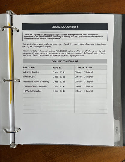 Health, Handled medical organizer open to a legal document checklist for advance directives, DNR orders, powers of attorney, and HIPAA authorization.  Digital Download - PDF Fillable.