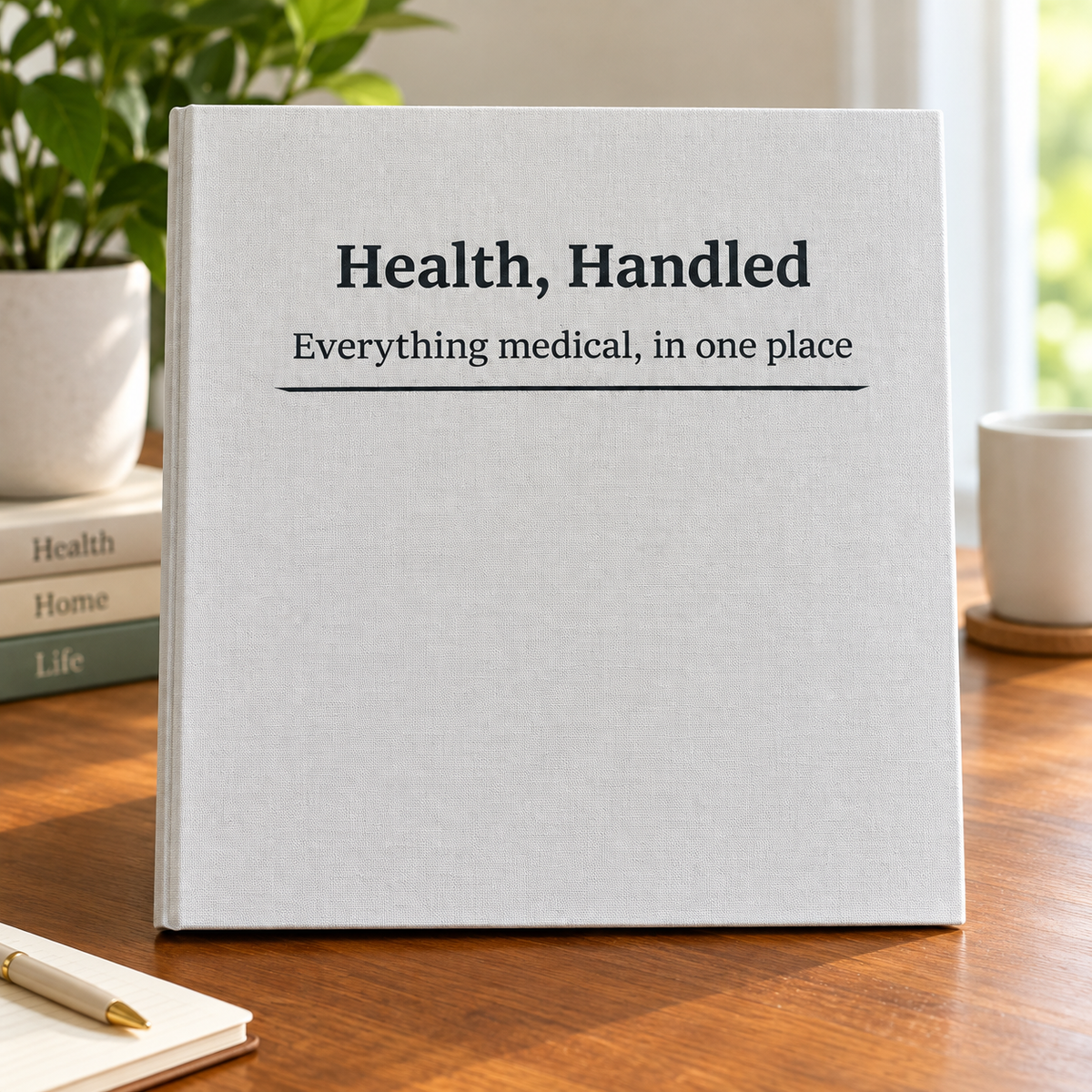 Health, Handled medical organizer binder with a white cover reading “Everything medical, in one place,” standing on a wooden table.