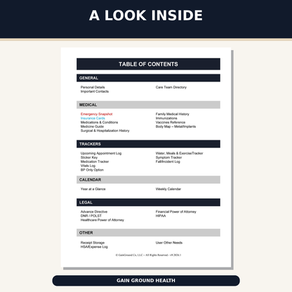 Health, Handled medical organizer open to its table of contents, listing general information, medical records, trackers, calendar, legal documents, and other sections.