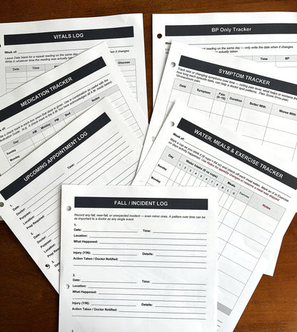 Health, Handled tracker sheets for vital signs, blood pressure, medications, symptoms, appointments, water, meals, exercise, and falls or incidents.