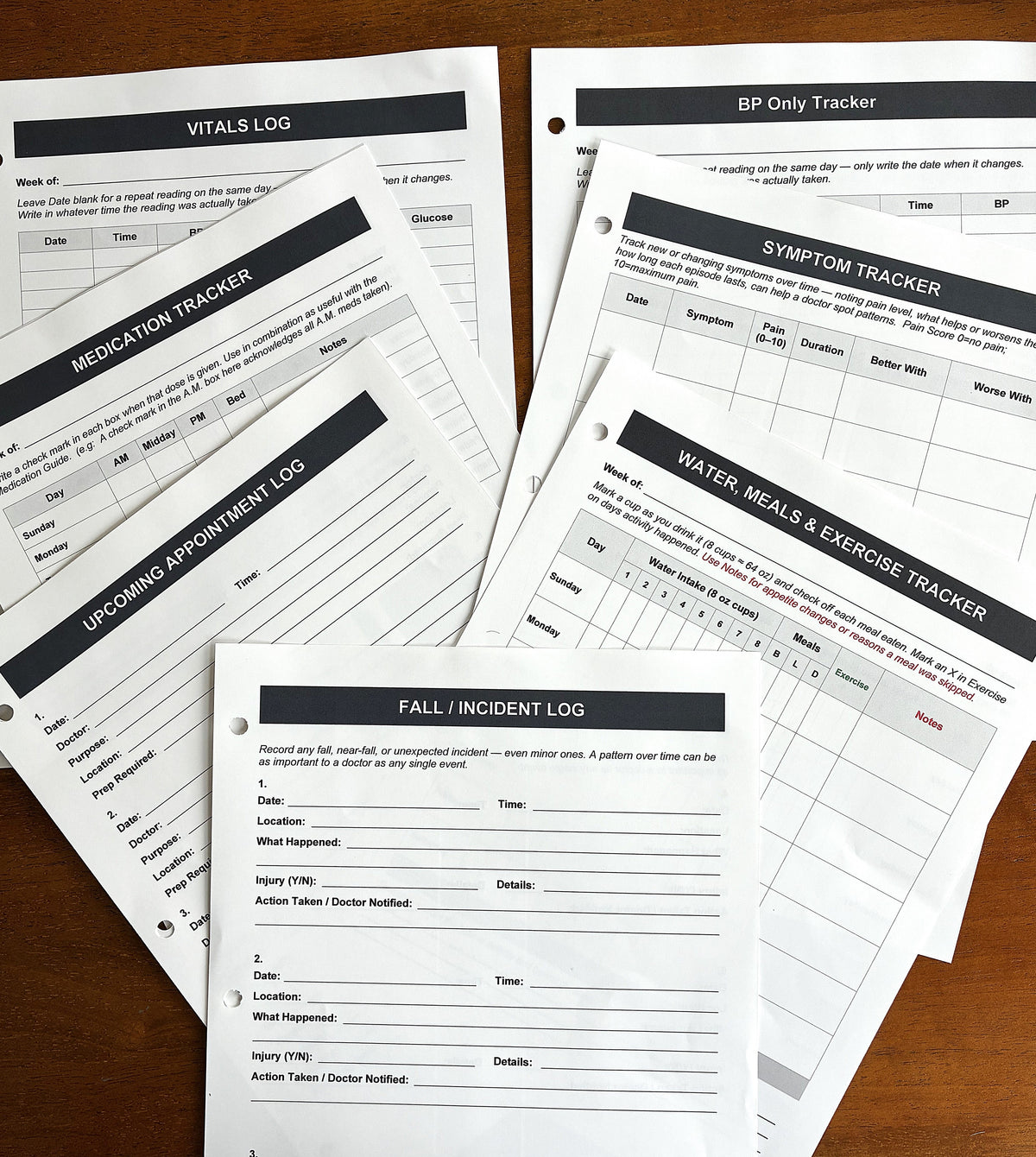 Health, Handled tracker sheets for vital signs, blood pressure, medications, symptoms, appointments, water, meals, exercise, and falls or incidents.  Physical print and ship refills.