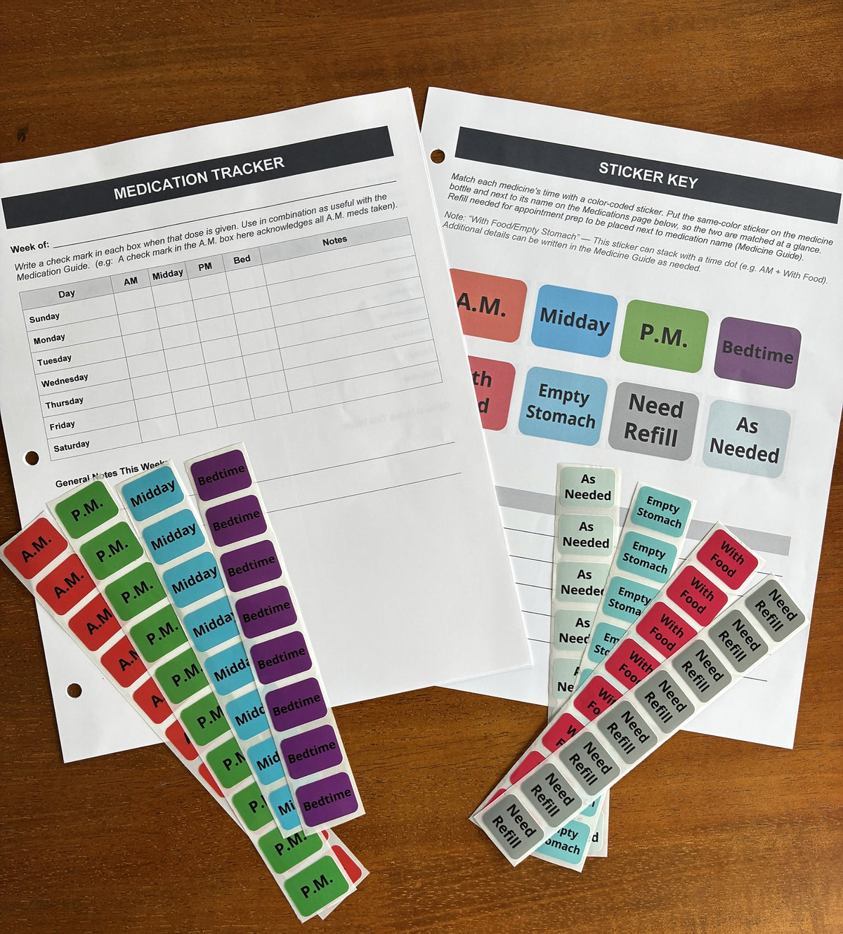 Health, Handled medication tracker and sticker key with color-coded labels for medication times, food instructions, refills, and as-needed use.