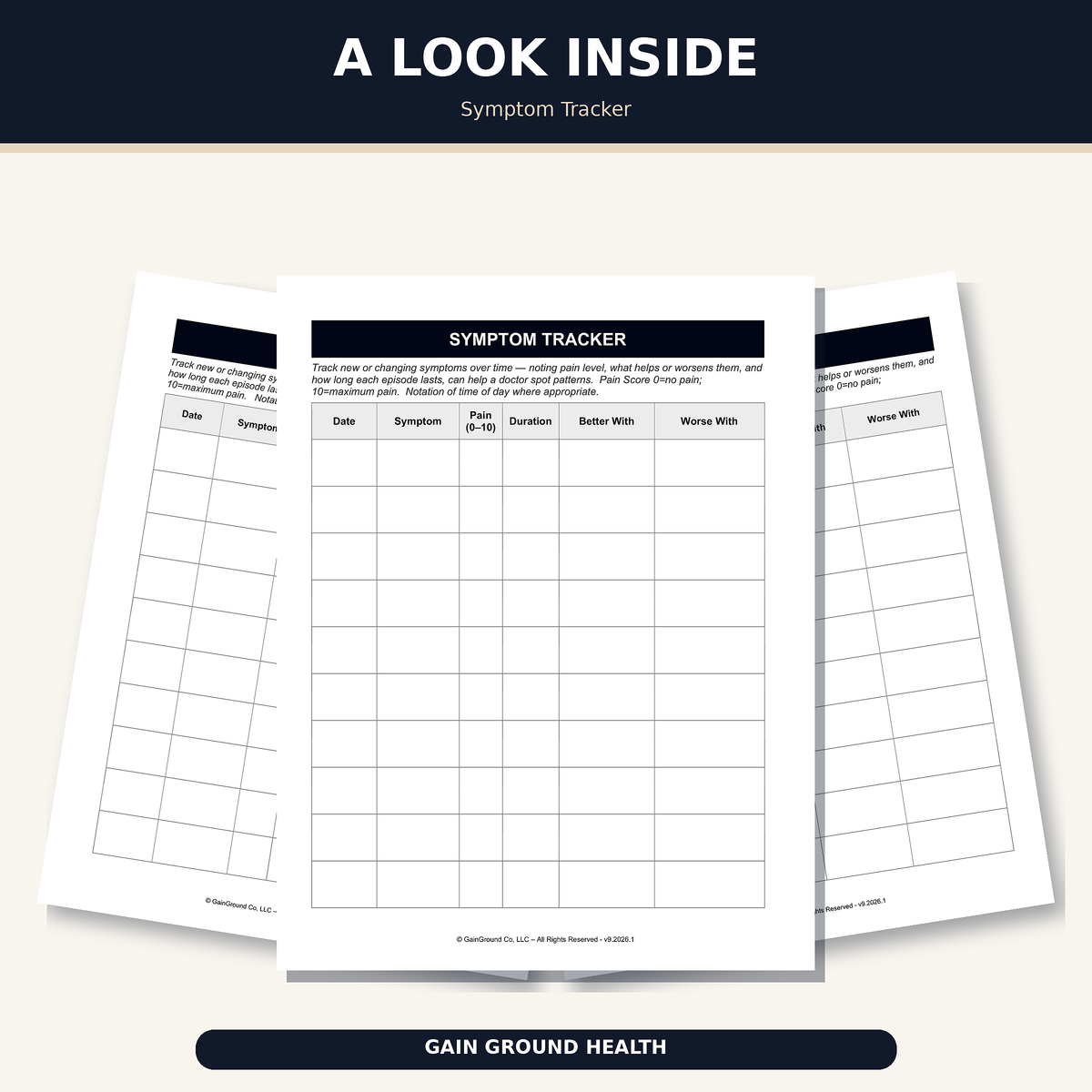 Health, Handled symptom tracker with fields for symptoms, pain level, duration, and what makes symptoms better or worse.   Physical print and ship refill.
