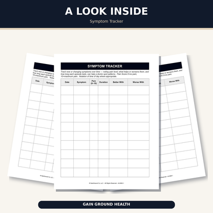 Health, Handled symptom tracker with fields for symptoms, pain level, duration, and what makes symptoms better or worse.   Physical print and ship refill.
