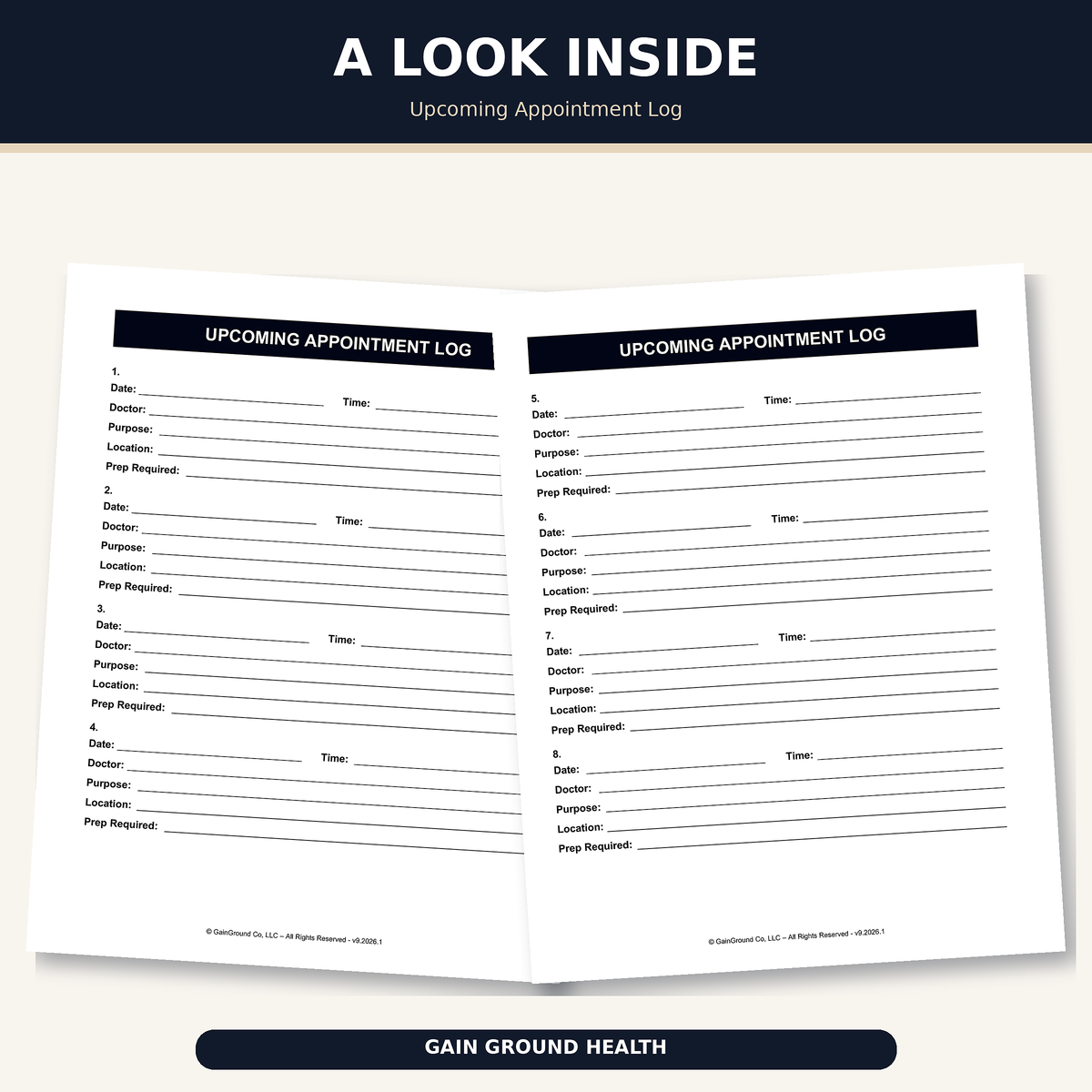 Health, Handled upcoming appointment log with fields for the date, time, doctor, purpose, location, and required preparation.  Physical print and ship refill.