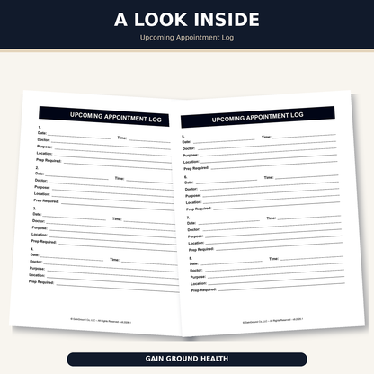 Health, Handled upcoming appointment log with fields for the date, time, doctor, purpose, location, and required preparation.  Physical print and ship refill.