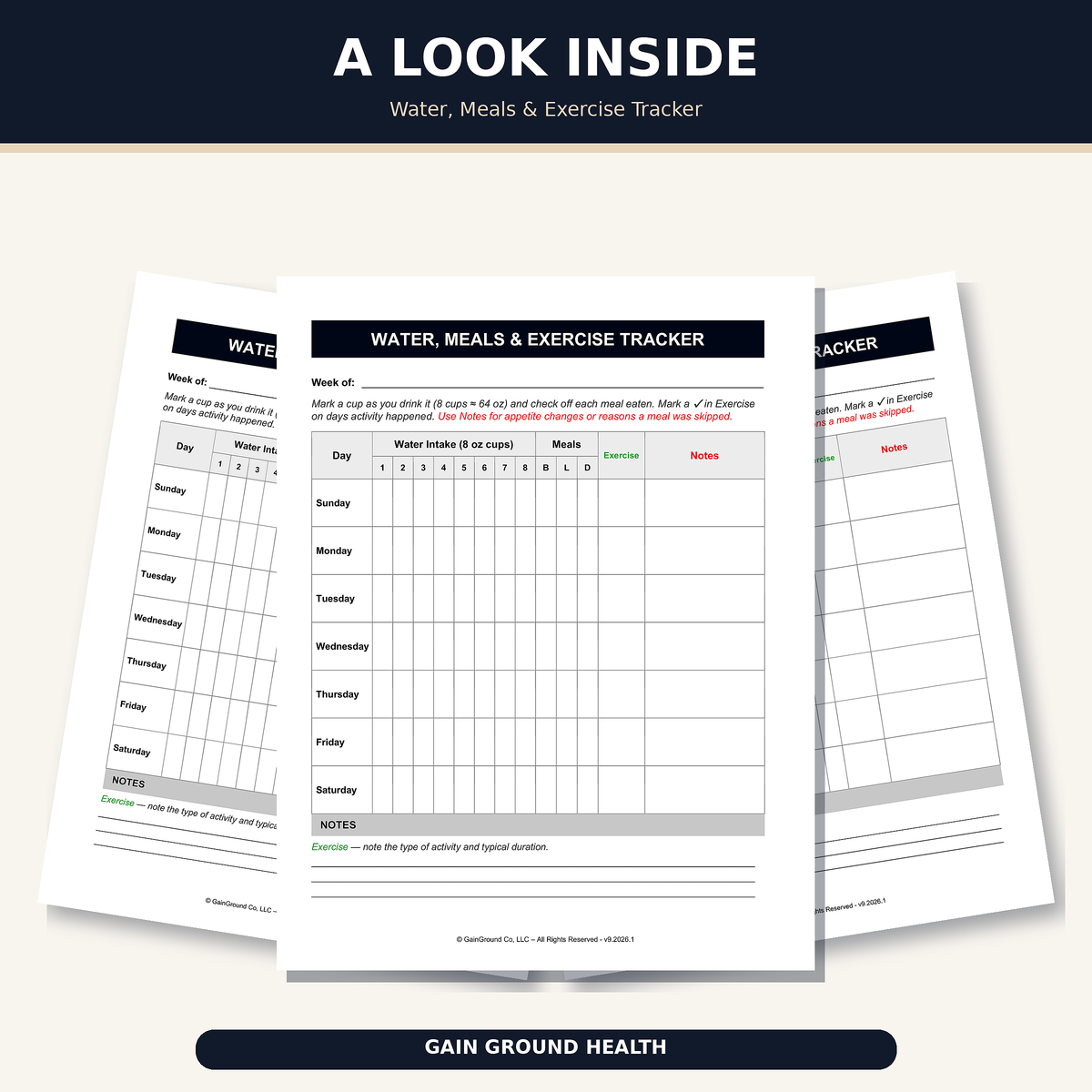 Health, Handled weekly tracker for recording water intake, meals, exercise, and notes.  Physical Print and Ship Refill.