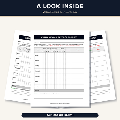 Health, Handled weekly tracker for recording water intake, meals, exercise, and notes.  Physical Print and Ship Refill.