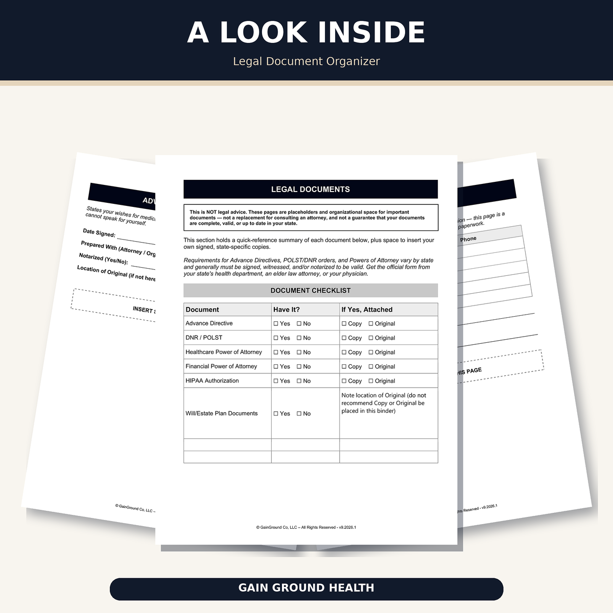 Replacement Legal section pages for the Health, Handled medical organizer.