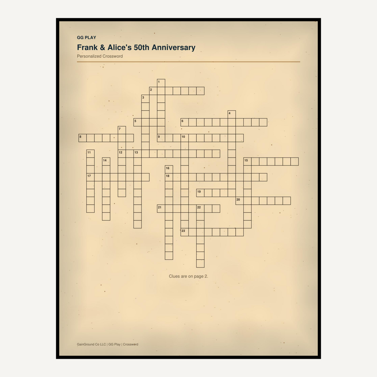 Personalized crossword puzzle grid on an antique-style paper background.
