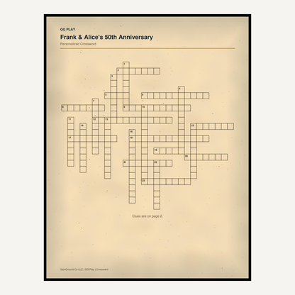 Personalized crossword puzzle grid on an antique-style paper background.