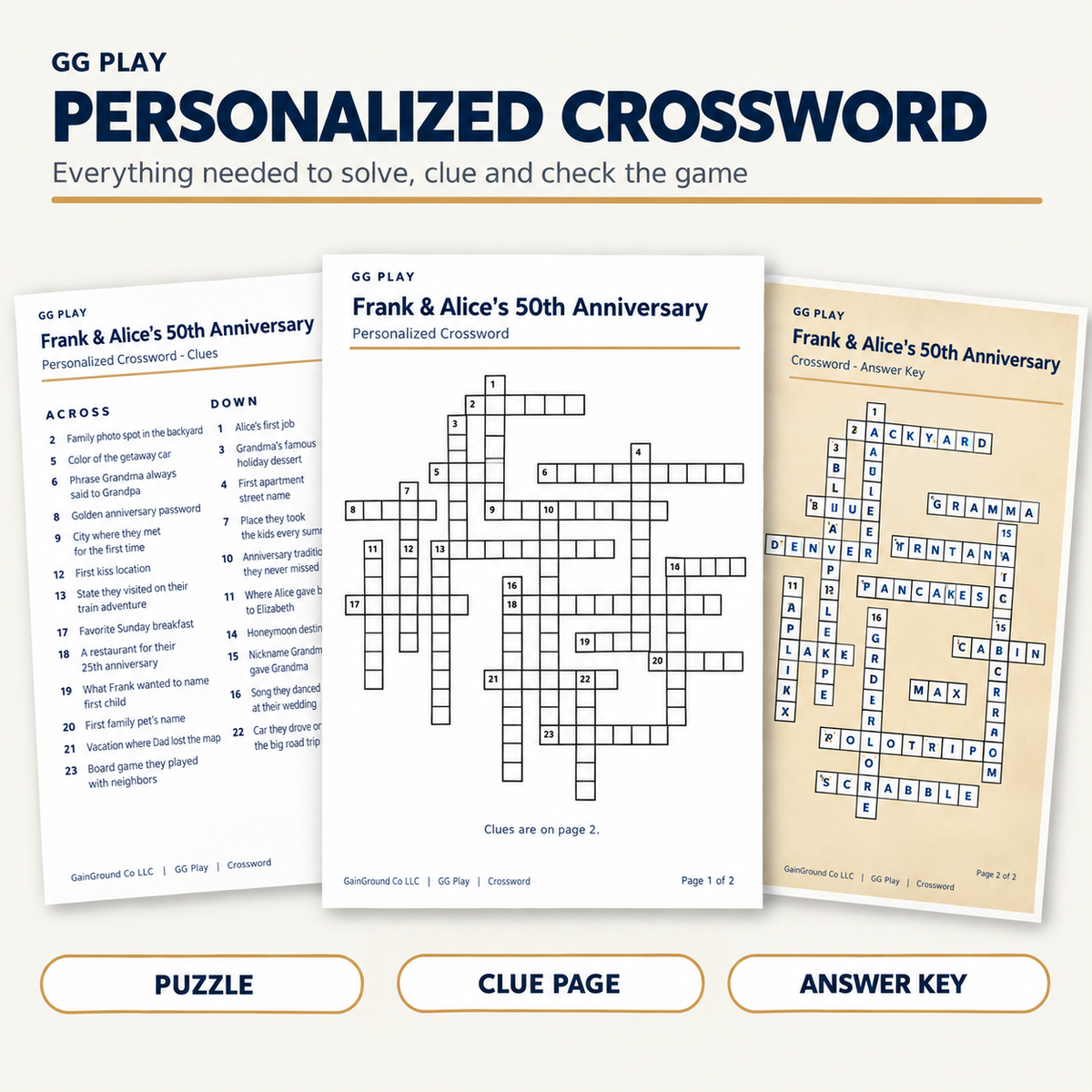 Personalized crossword puzzle showing the clues, puzzle grid, and answer key in plain white and antique-style paper versions.