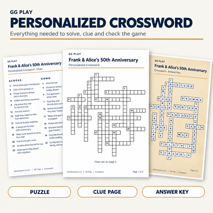 Personalized crossword puzzle showing the clues, puzzle grid, and answer key in plain white and antique-style paper versions.