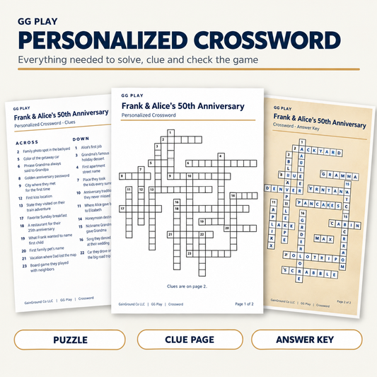 Personalized crossword puzzle showing the clues, puzzle grid, and answer key in plain white and antique-style paper versions.