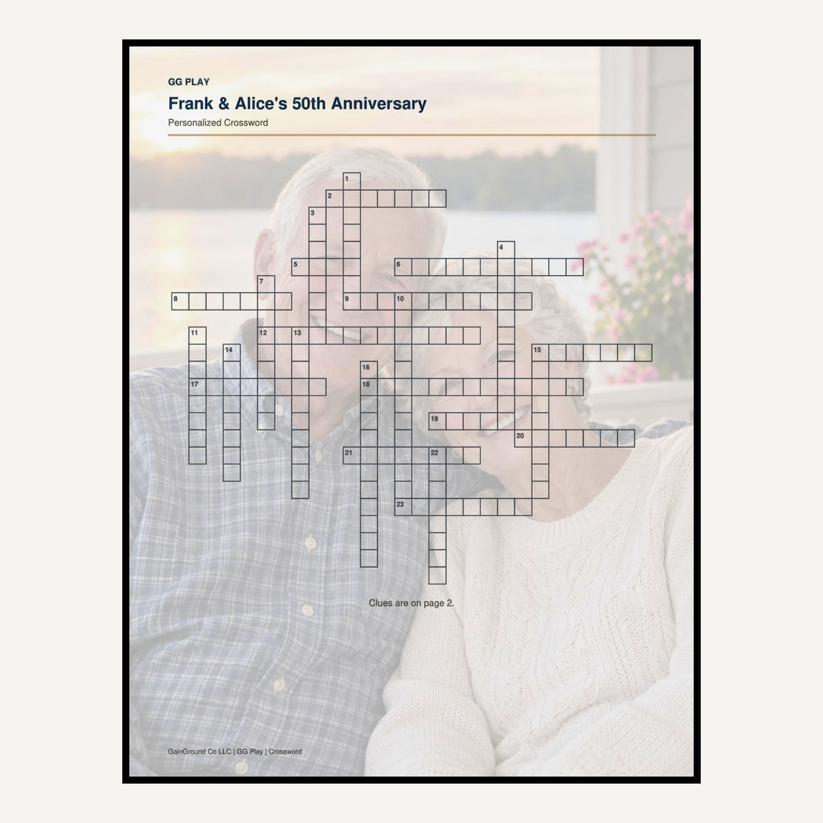 Personalized crossword puzzle grid with a photo watermark background.