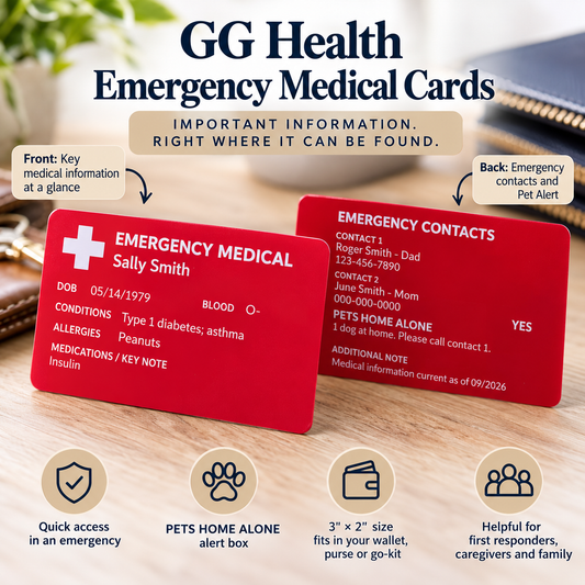 Personalized emergency medical card with fields for medical conditions, medications, allergies, and emergency contacts.
