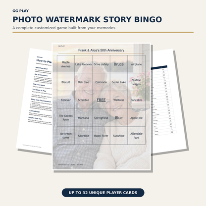 Personalized Story Bingo clue sheet, playing card, and instructions shown with a photo watermark background.
