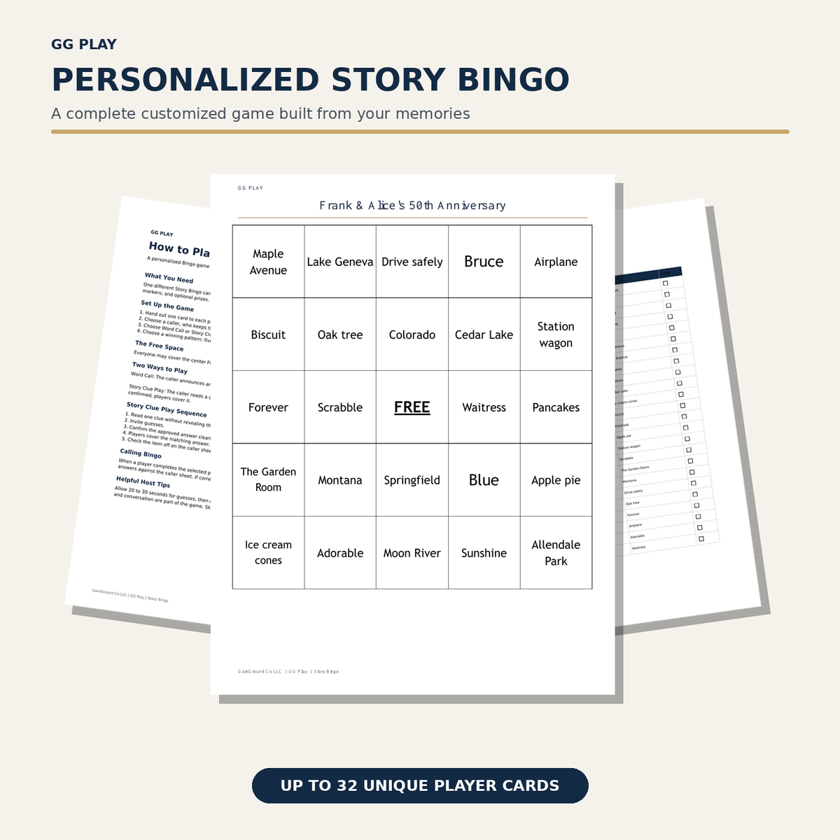Personalized Story Bingo clues, playing card, and checklist on plain white paper.