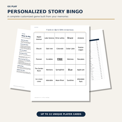 Personalized Story Bingo clues, playing card, and checklist on plain white paper.