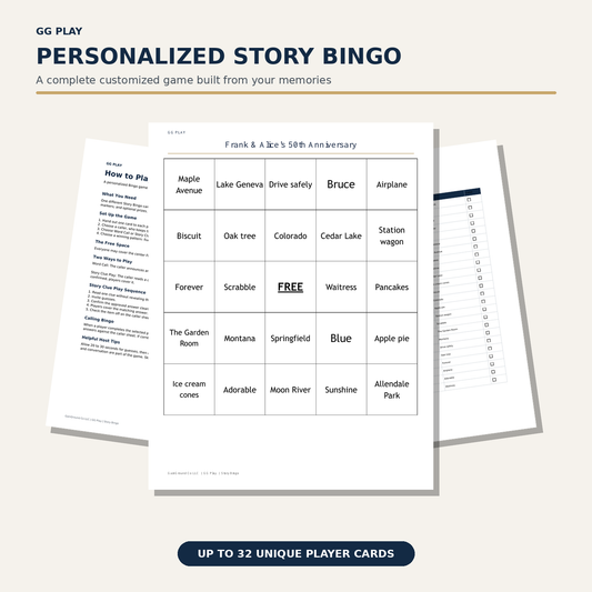 Personalized Story Bingo clues, playing card, and checklist on plain white paper.
