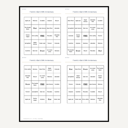 Personalized Story Bingo playing cards on plain white paper, shown in a four-cards-per-page layout.