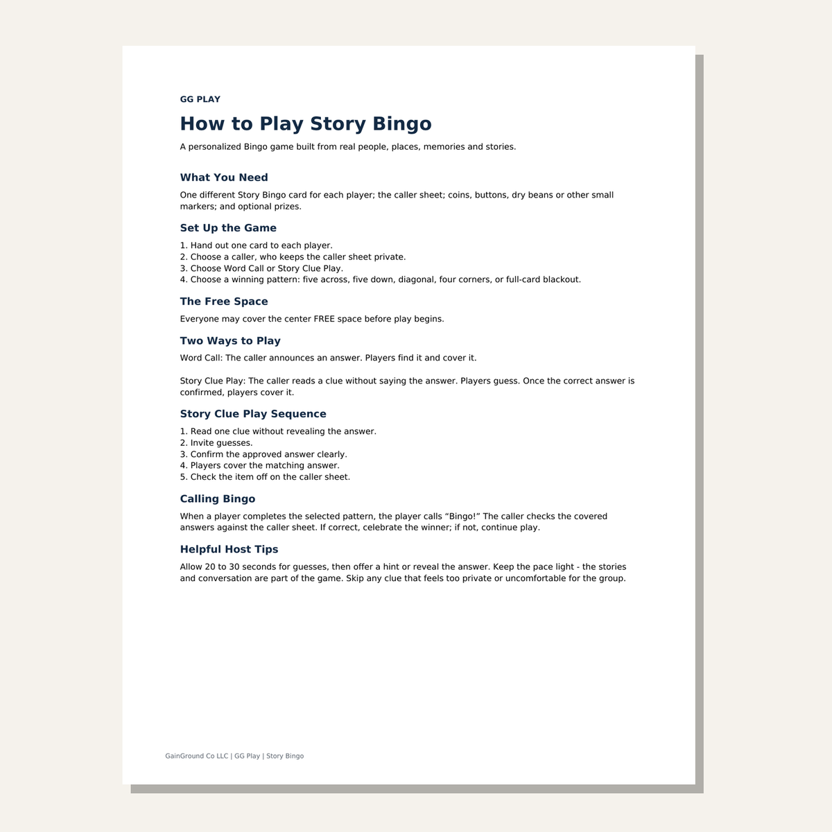 Personalized Story Bingo instruction sheet explaining how to play.